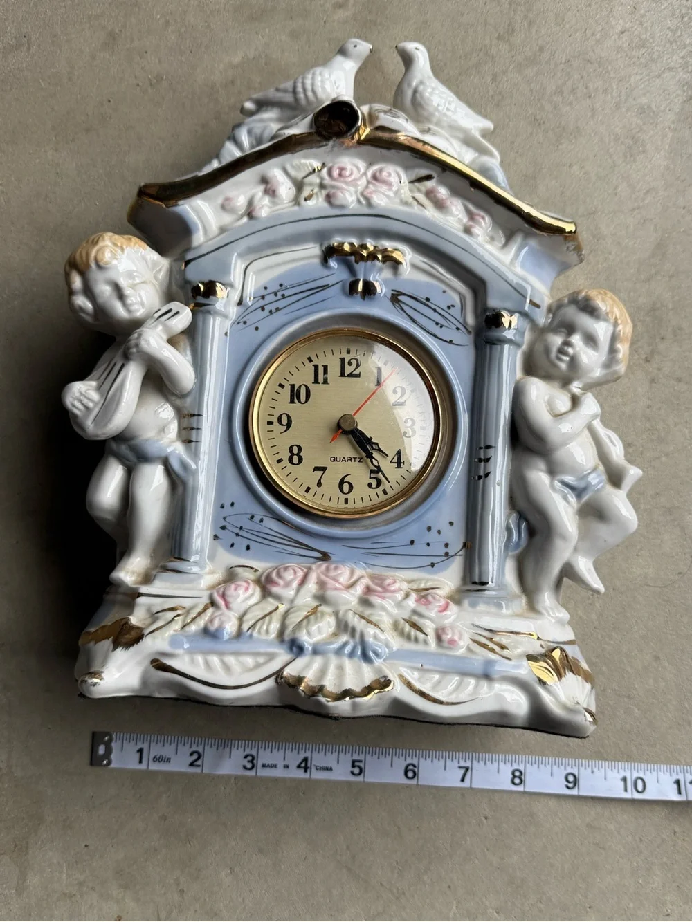 Porcelain Cherub Mantel Clock Wall Decor in White and Gold